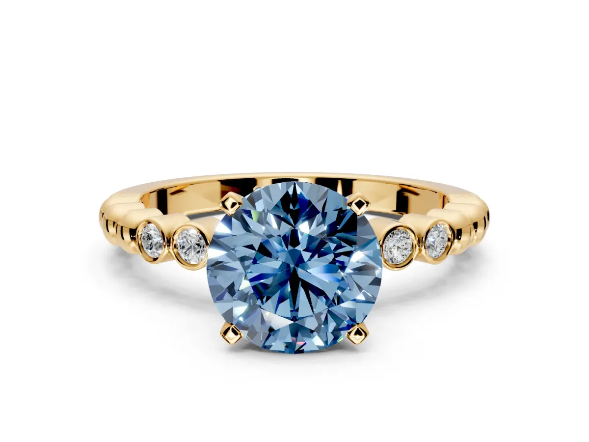 Solitaire Engagement Ring Setting for Fancy Blue Round Cut Center with Bezel-Dot Beaded Band and Prong Head in Yellow Gold