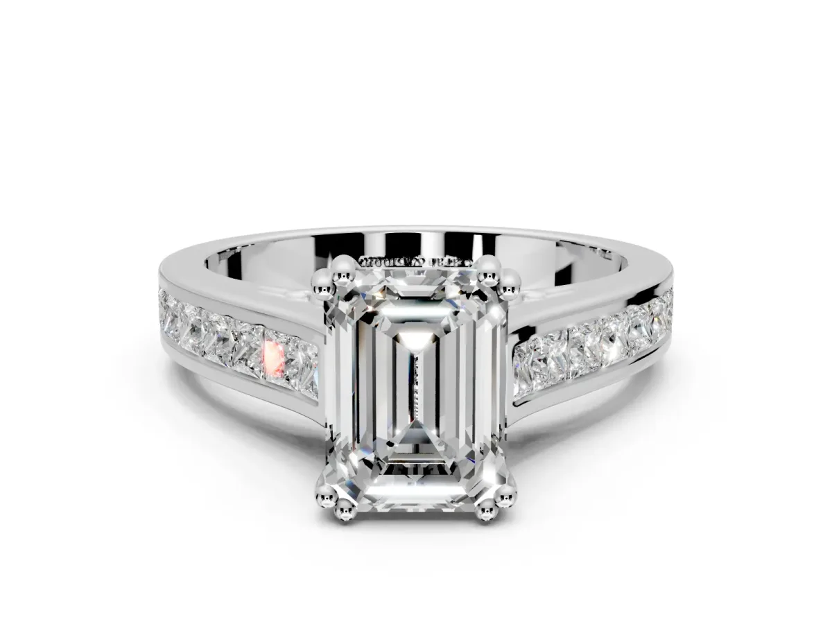 Solitaire Engagement Ring Setting for Emerald Cut Center with Channel Band and Double Claw Prong Head in Sterling Silver