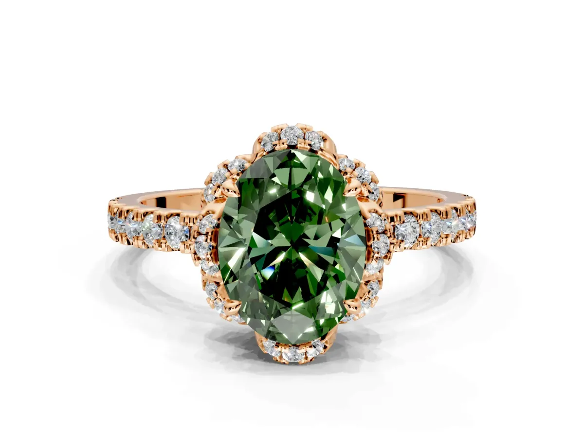 Halo Engagement Ring Setting for Fancy Green Oval Center with Openwork Halo, Pave Band and Prong Head in Rose Gold