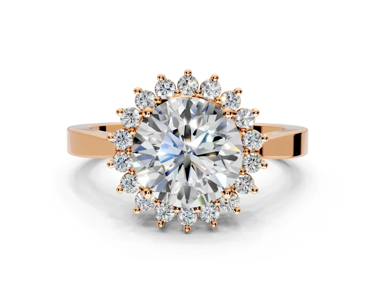 Starburst Halo Engagement Ring Setting for Round Cut Center with Flat Cathedral Band and Prong Head in Rose Gold