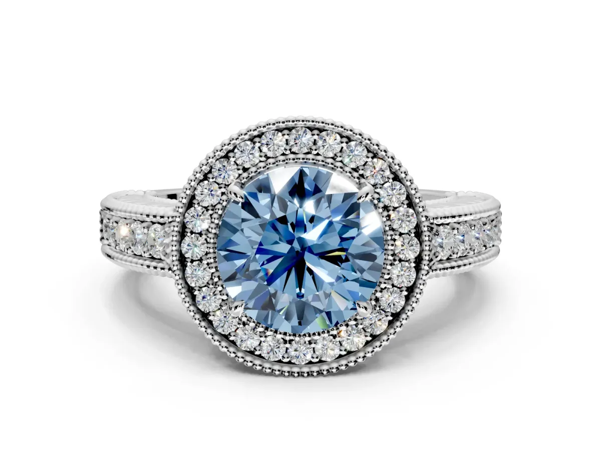 Milgrain Halo Engagement Ring Setting for Fancy Blue Round Cut Center with Pave Band and Prong Head in White Gold