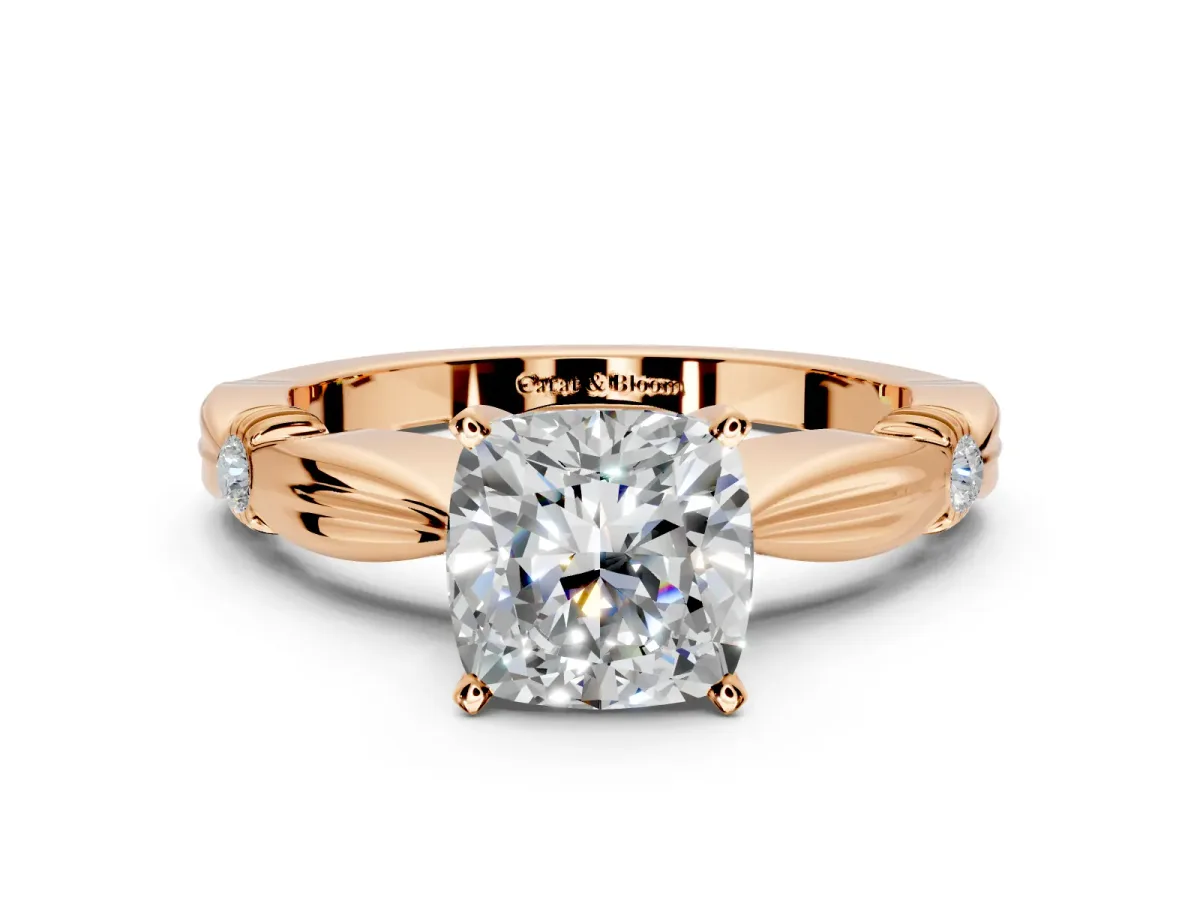 Solitaire Engagement Ring Setting for Cushion Cut Center with Carved Leaf Shoulders and Prong Head in Rose Gold