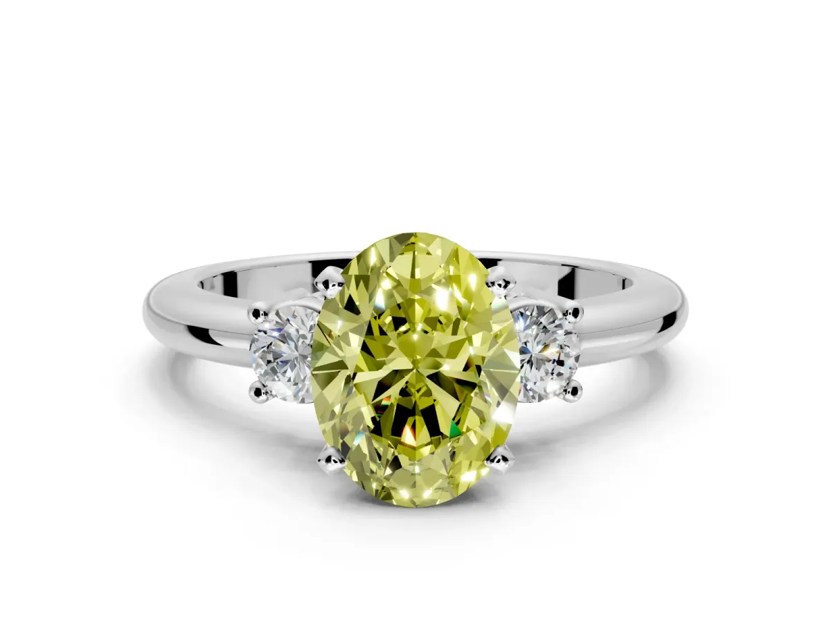 3 Stone Engagement Ring Setting for Fancy Yellow Oval Center with Wide Plain Band and Prong Head in Platinum