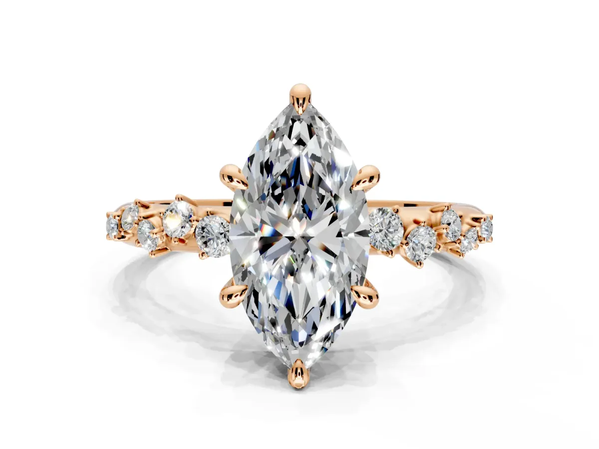 Solitaire Engagement Ring Setting for Marquise Center with Trailing Leaf Accent Band and Prong Head in Rose Gold