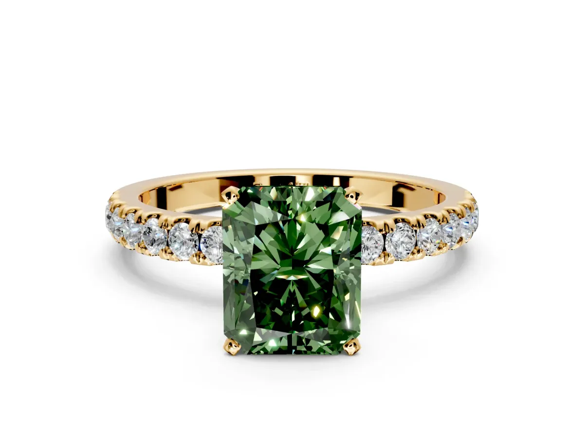 Open Basket Engagement Ring Setting for Fancy Green Radiant Cut Center with Pave Band and Prong Head in Yellow Gold