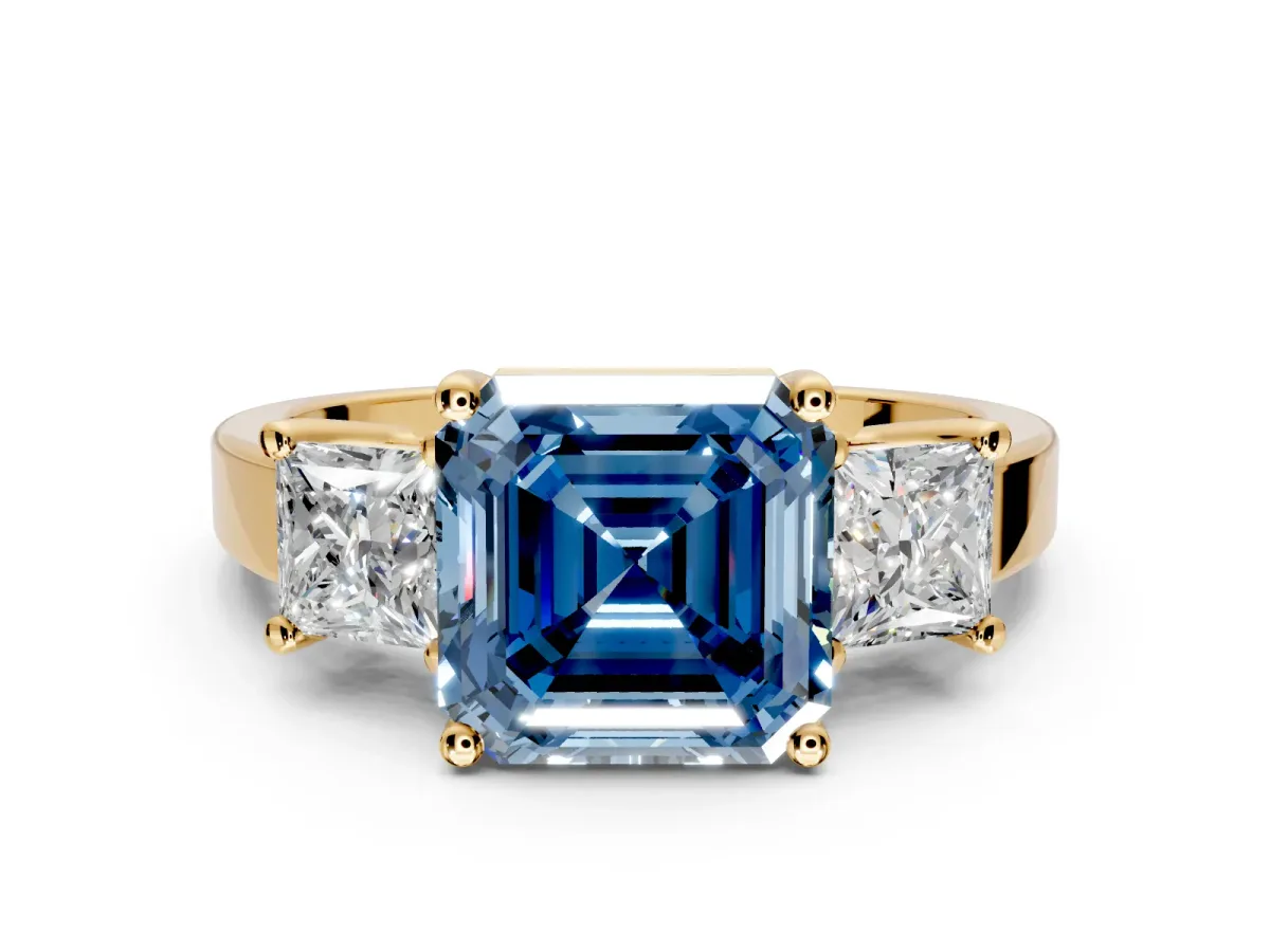 3 Stone Engagement Ring Setting for Fancy Blue Asscher Cut Center with Matching Side Accents and Prong Head in Yellow Gold