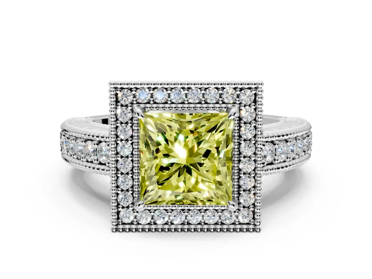 Milgrain Halo Engagement Ring Setting for Fancy Yellow Princess Cut Center with Pave Band and Prong Head in Platinum
