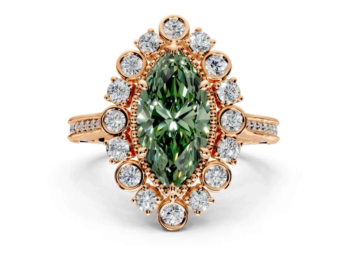 Milgrain Halo Engagement Ring Setting for Fancy Green Marquise Center with Bezel Point Accents and Prong Head in Rose Gold