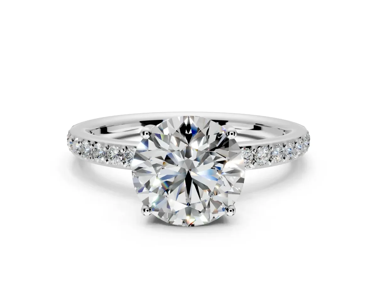 Solitaire Engagement Ring Setting for Round Cut Center with Fine Pave Band and Prong Head in Sterling Silver