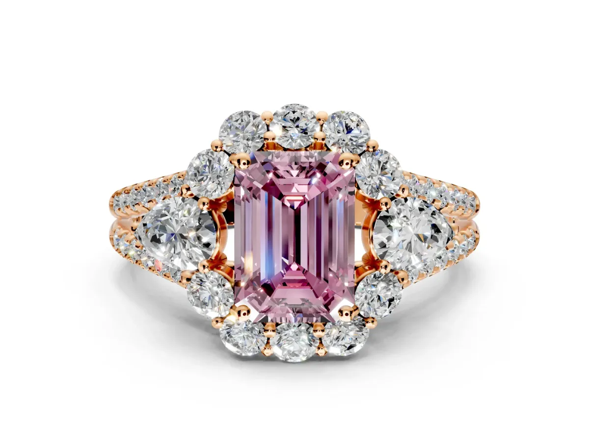 Halo Engagement Ring Setting for Fancy Pink Emerald Cut Center with Two-Strand Split Shank and Prong Head in Rose Gold