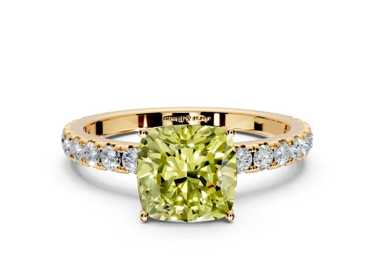 Solitaire Engagement Ring Setting for Fancy Yellow Cushion Cut Center with Large Accent Band and Prong Head in Yellow Gold