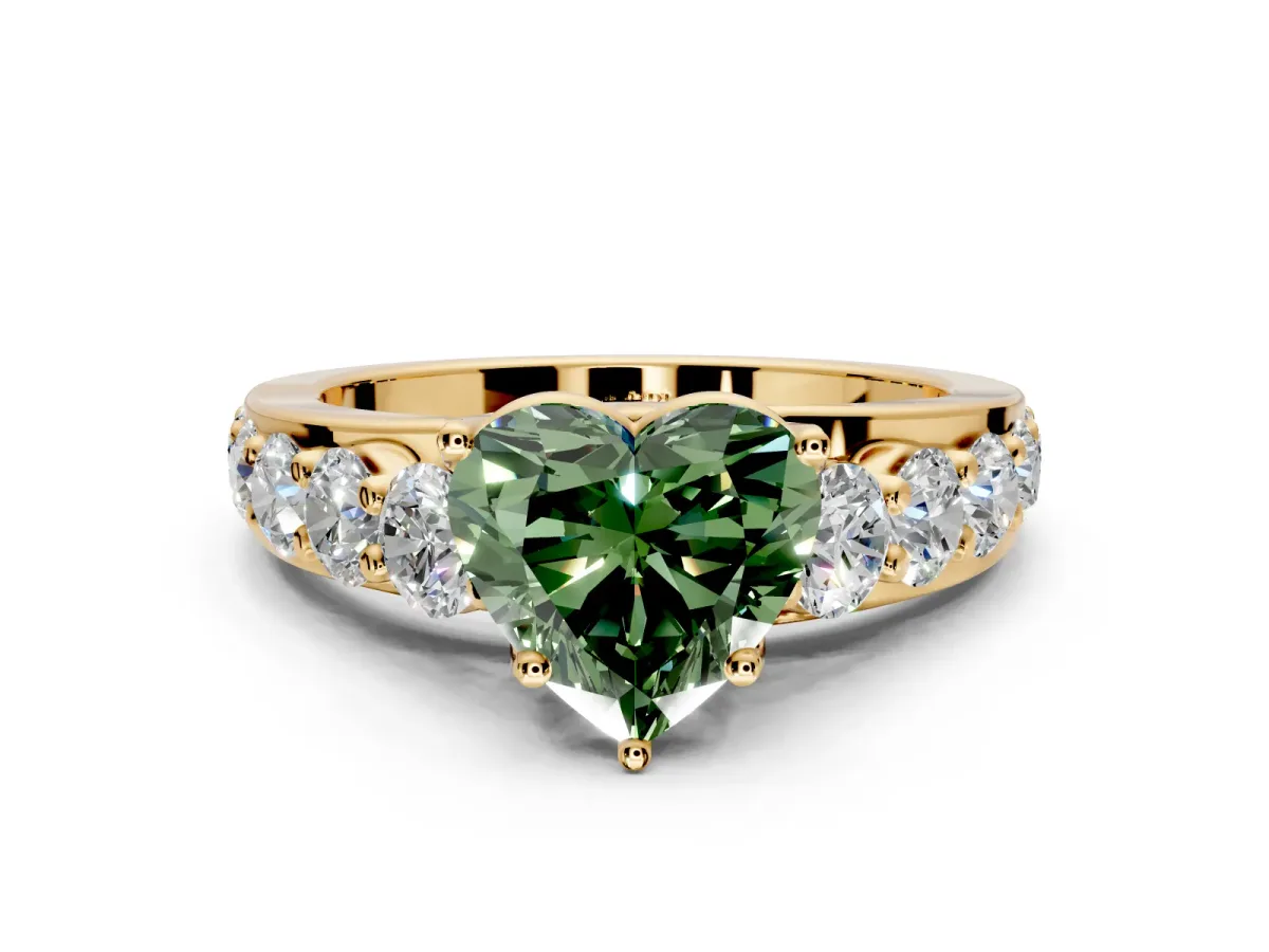 Solitaire Engagement Ring Setting for Fancy Green Heart-Shaped Center with Graduated Shared Prongs and Prong Head in Yellow Gold