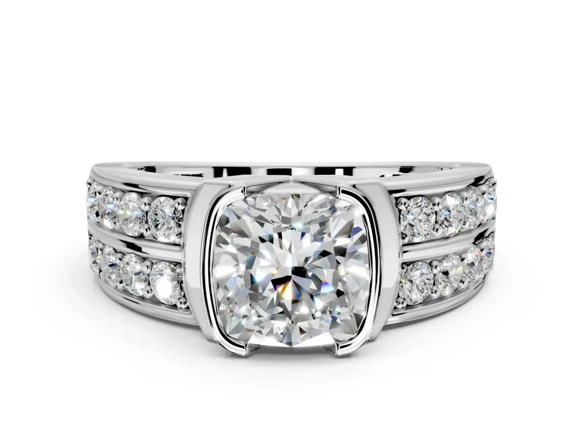 Bezel Engagement Ring Setting for Cushion Cut Center with Wide Channel-Set Band and Bezel Head in Sterling Silver