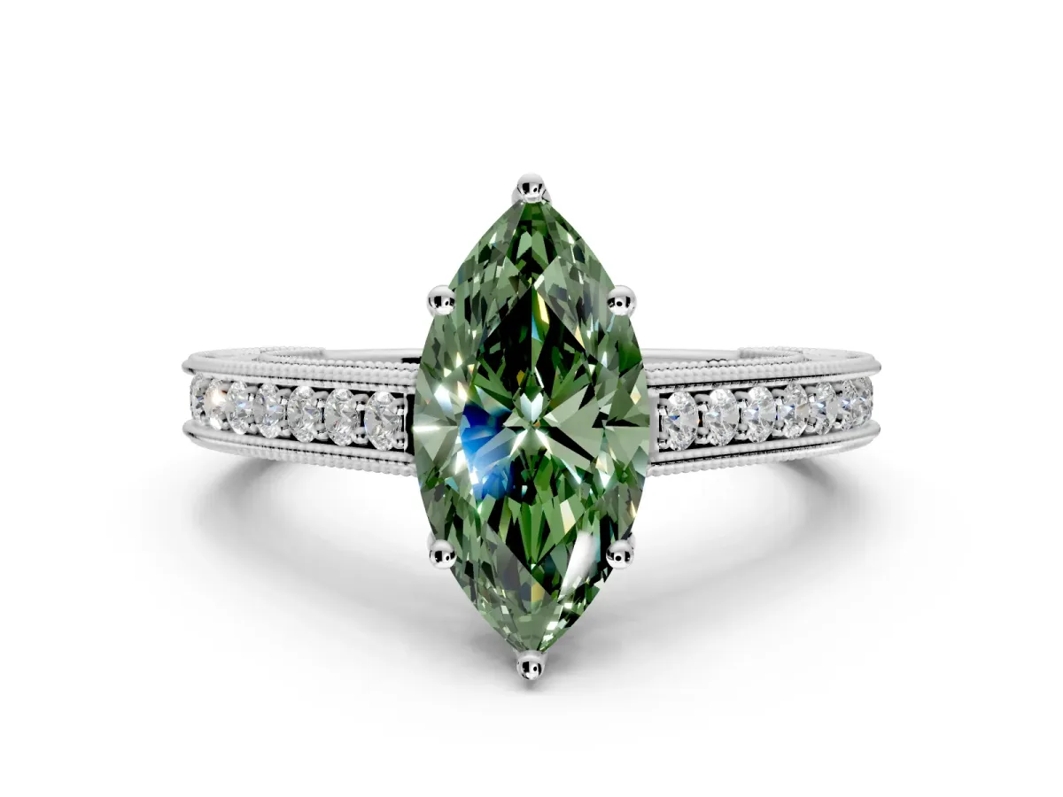 Solitaire Engagement Ring Setting for Fancy Green Marquise Center with Engraved Pave Band and Prong Head in Platinum