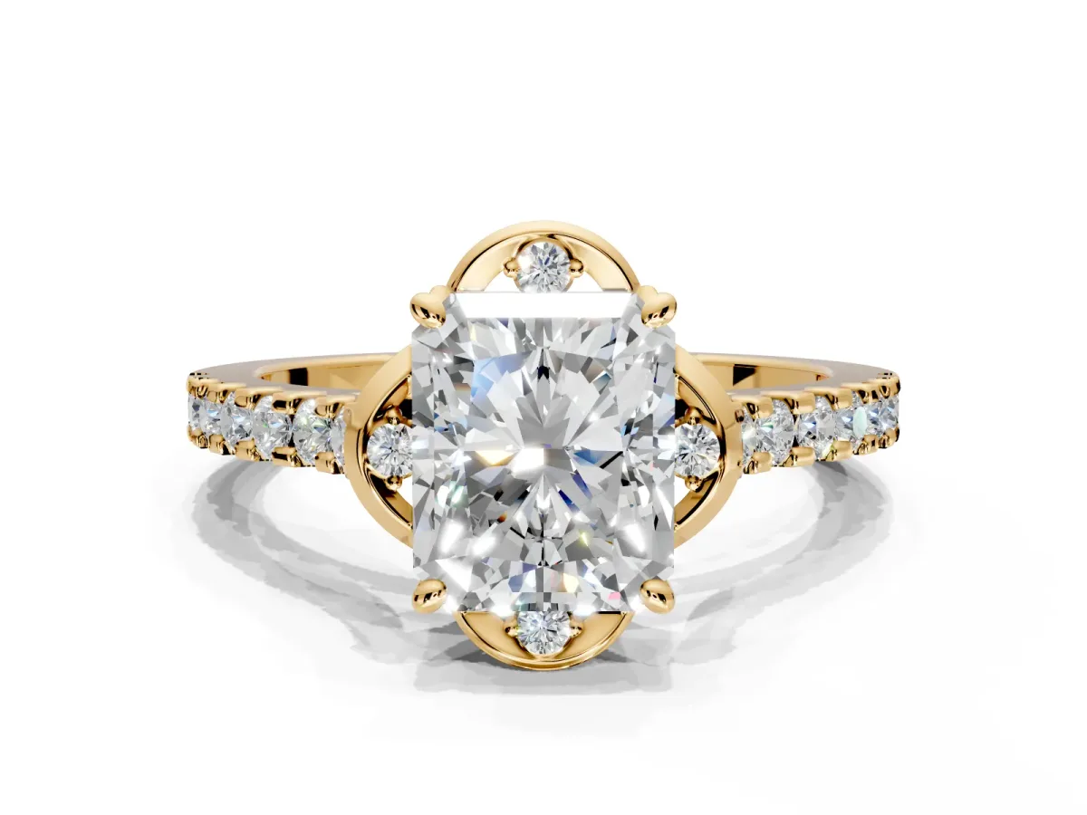 Floral Engagement Ring Setting for Radiant Cut Center with Pave Band and Floral Prong Head in Yellow Gold