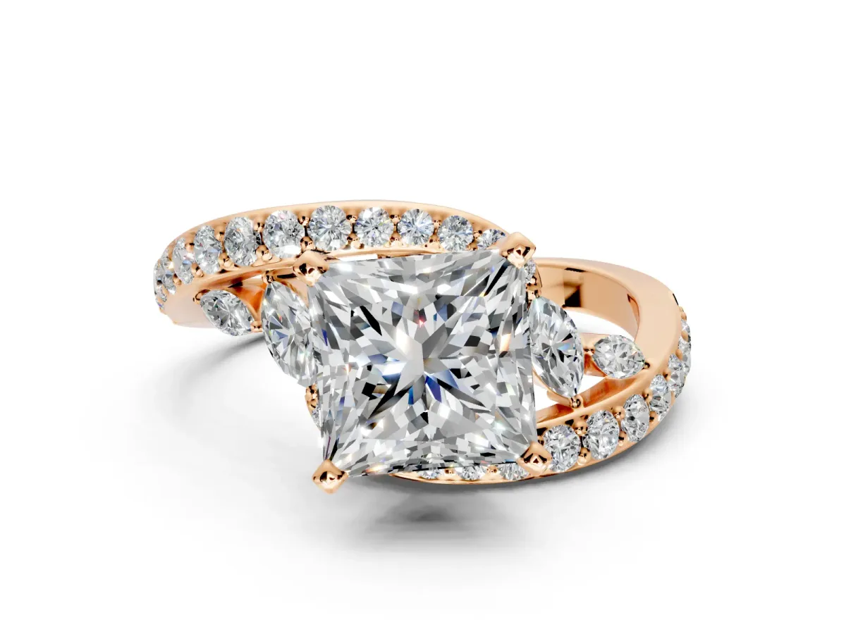 Solitaire Engagement Ring Setting for Princess Cut Center with Pave Bypass Twist Band and Prong Head in Rose Gold