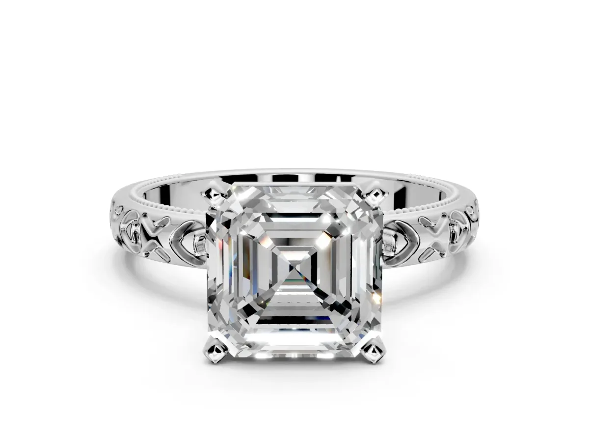 Solitaire Engagement Ring Setting for Asscher Cut Center with XO Engraved Band and Prong Head in White Gold