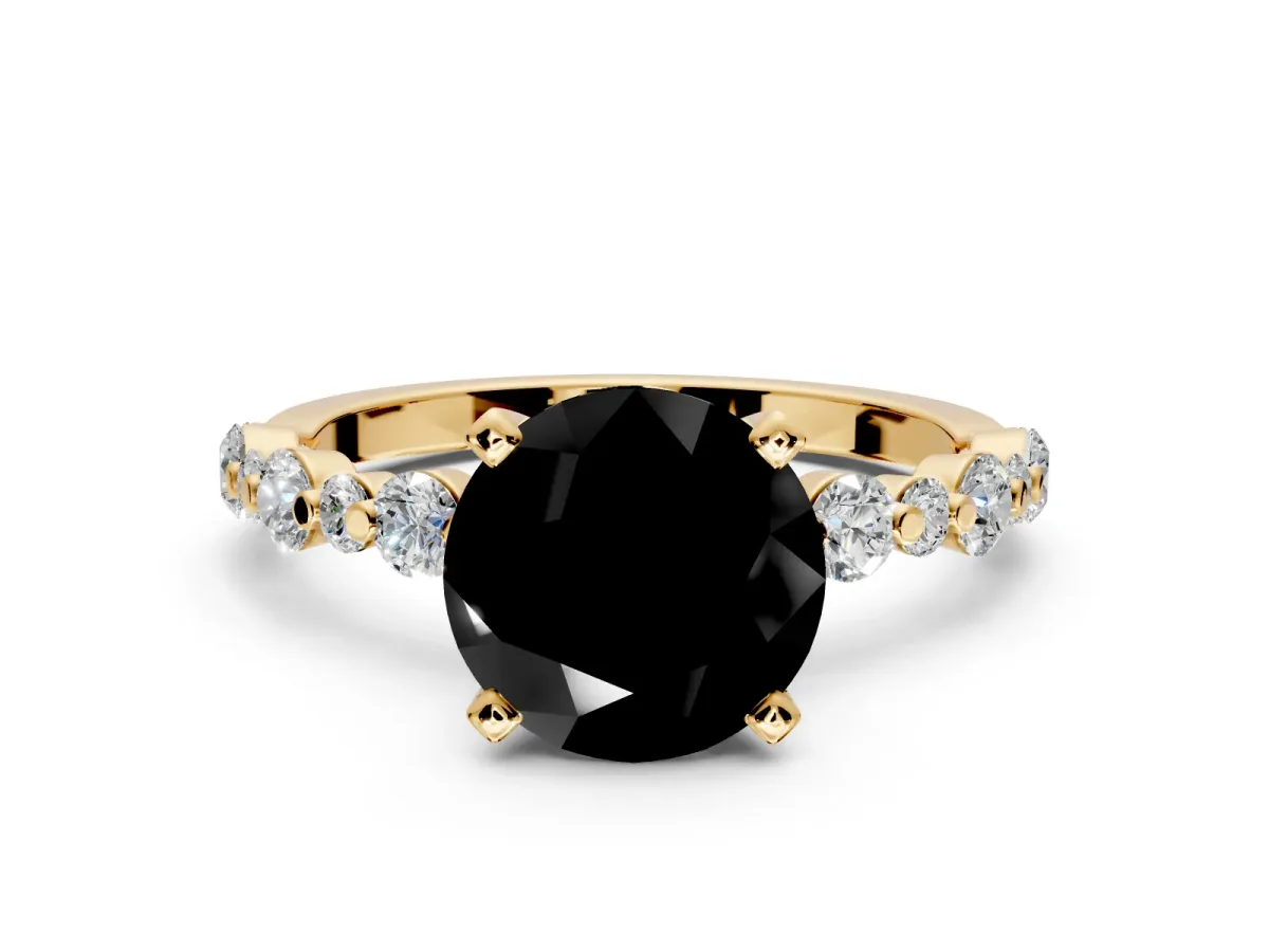 Solitaire Engagement Ring Setting for Fancy Black Round Cut Center with Alternating Size Accents and Prong Head in Yellow Gold