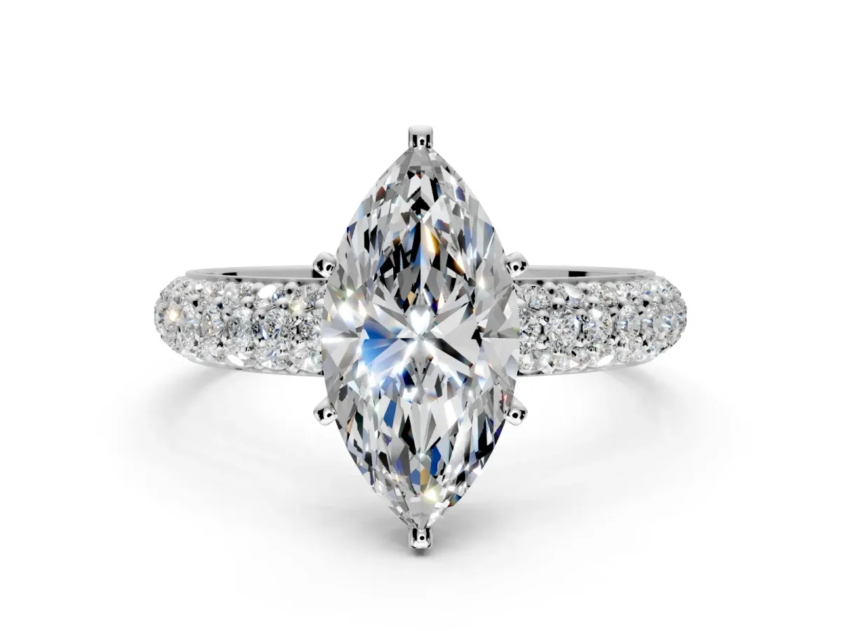 Solitaire Engagement Ring Setting for Marquise Center with Domed Multi-Row Pave Band and Prong Head in Platinum