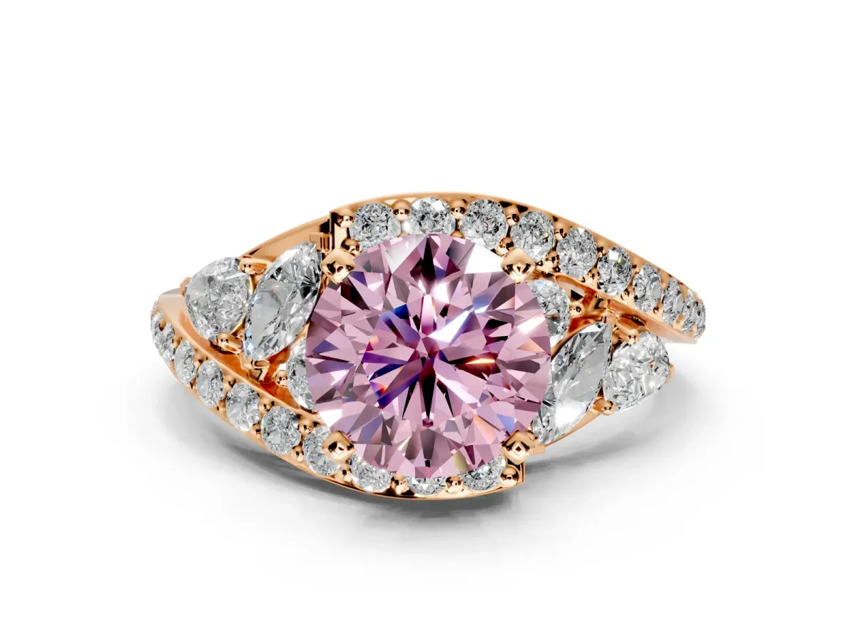 Halo Engagement Ring Setting for Fancy Pink Round Cut Center with Marquise and Pave Bypass Band and Prong Head in Rose Gold