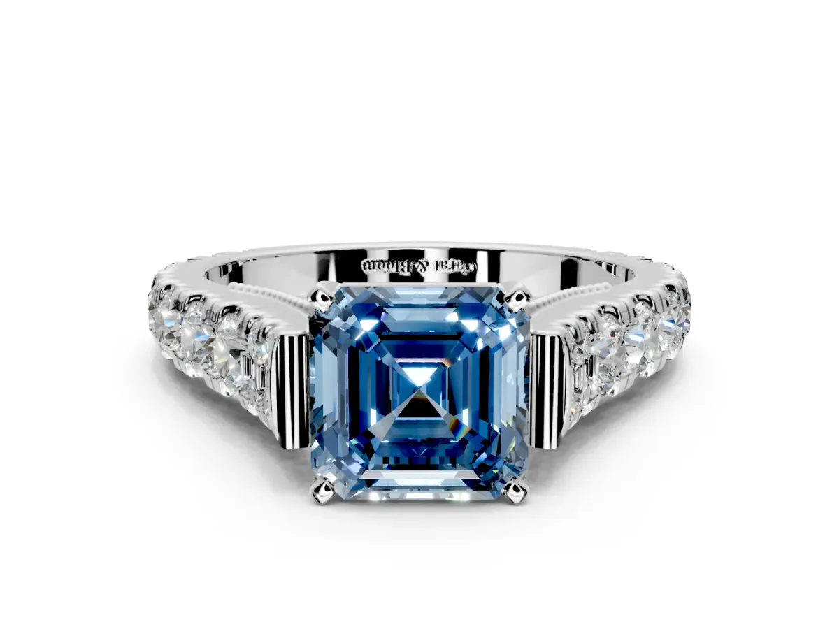 Solitaire Engagement Ring Setting for Fancy Blue Asscher Cut Center with Pave Cathedral Shoulders and Prong Head in Platinum