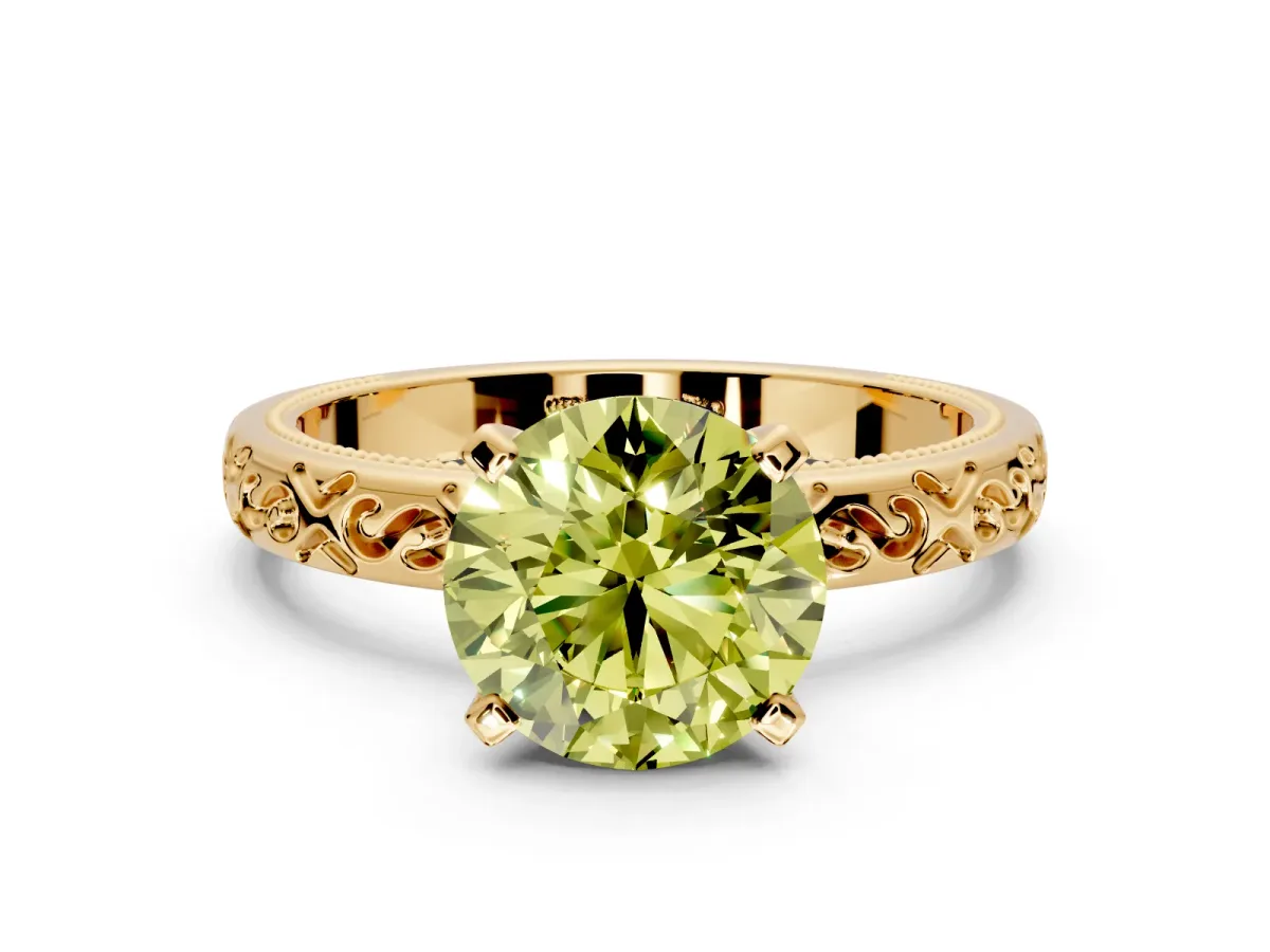 Solitaire Engagement Ring Setting for Fancy Yellow Round Cut Center with Scrollwork Band and Prong Head in Yellow Gold