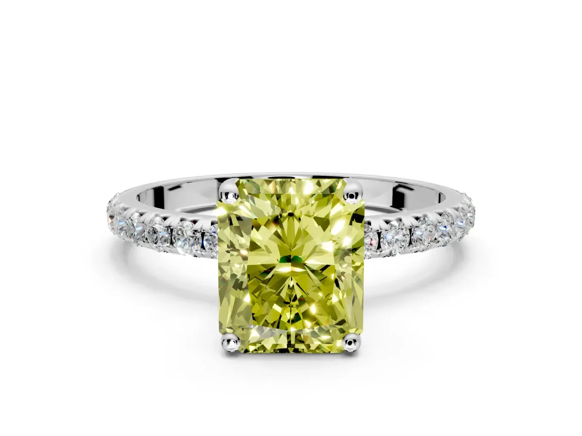 Solitaire Engagement Ring Setting for Fancy Yellow Radiant Cut Center with Micro Pave Band and Prong Head in Sterling Silver