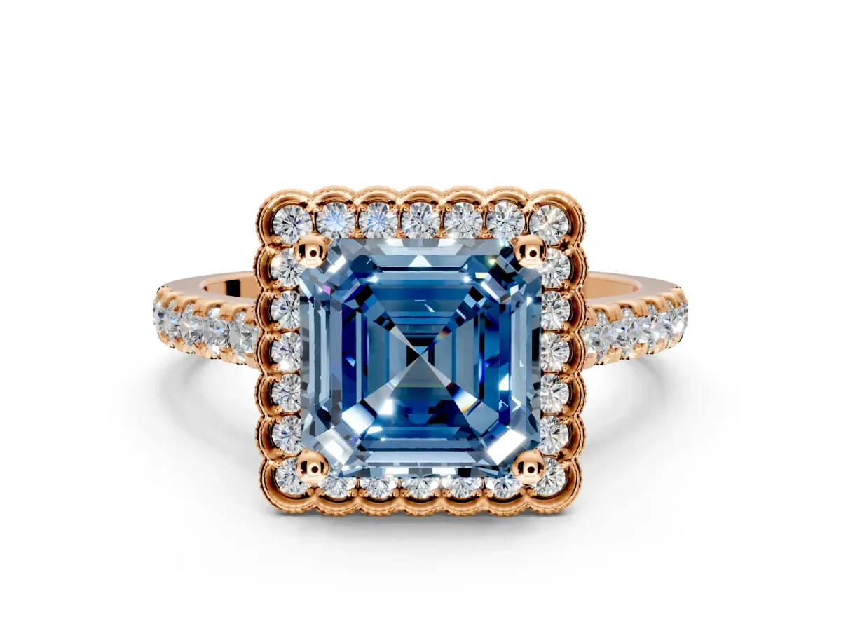 Milgrain Floral Halo Engagement Ring Setting for Fancy Blue Asscher Cut Center with Pave Band and Prong Head in Rose Gold