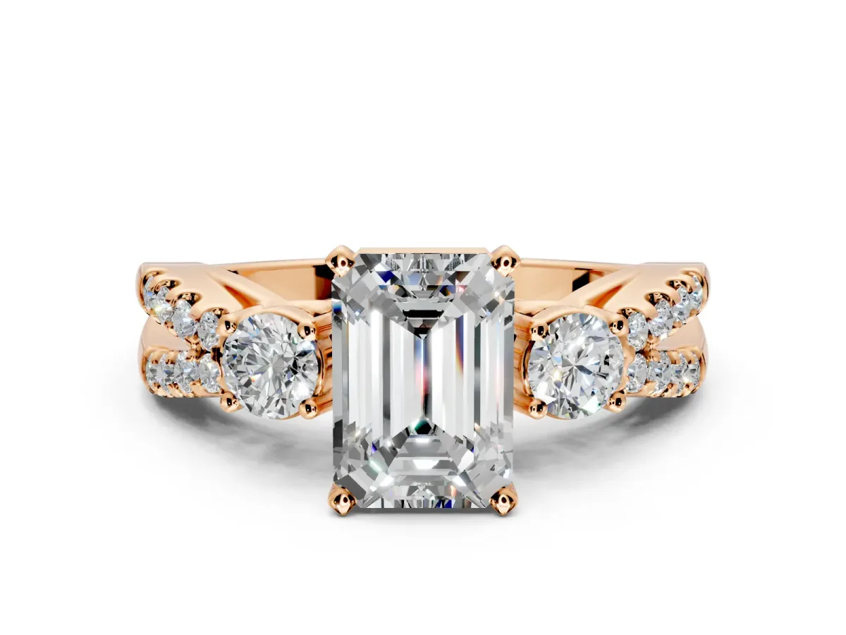 3 Stone Engagement Ring Setting for Emerald Cut Center with Pave Split Shank and Prong Head in Rose Gold