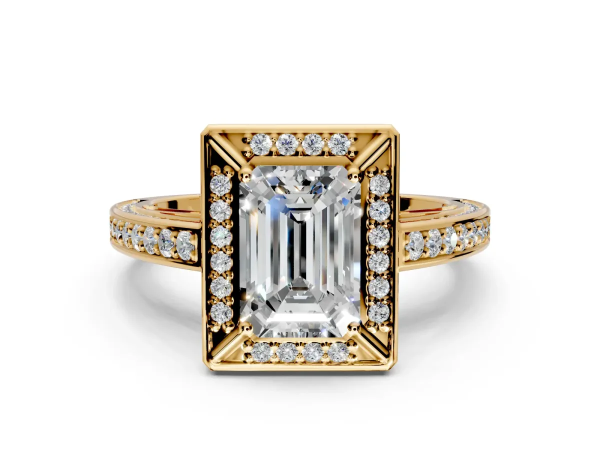 Halo Engagement Ring Setting for Emerald Cut Center with Framed Halo, Pave Band and Prong Head in Yellow Gold