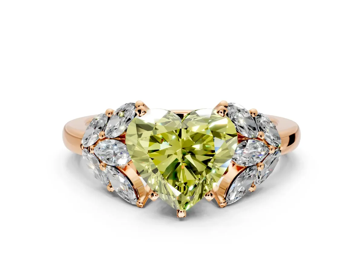 Leaf Cluster Engagement Ring Setting for Fancy Yellow Heart-Shaped Center with Marquise Accents and Prong Head in Rose Gold