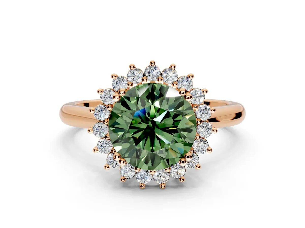 Starburst Halo Engagement Ring Setting for Fancy Green Round Cut Center with Thin Round-Wire Band and Prong Head in Rose Gold