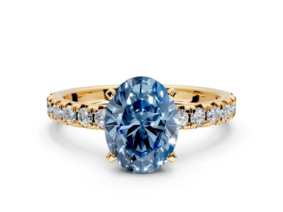 Solitaire Engagement Ring Setting for Fancy Blue Oval Center with Large Accents and Prong Head in Yellow Gold
