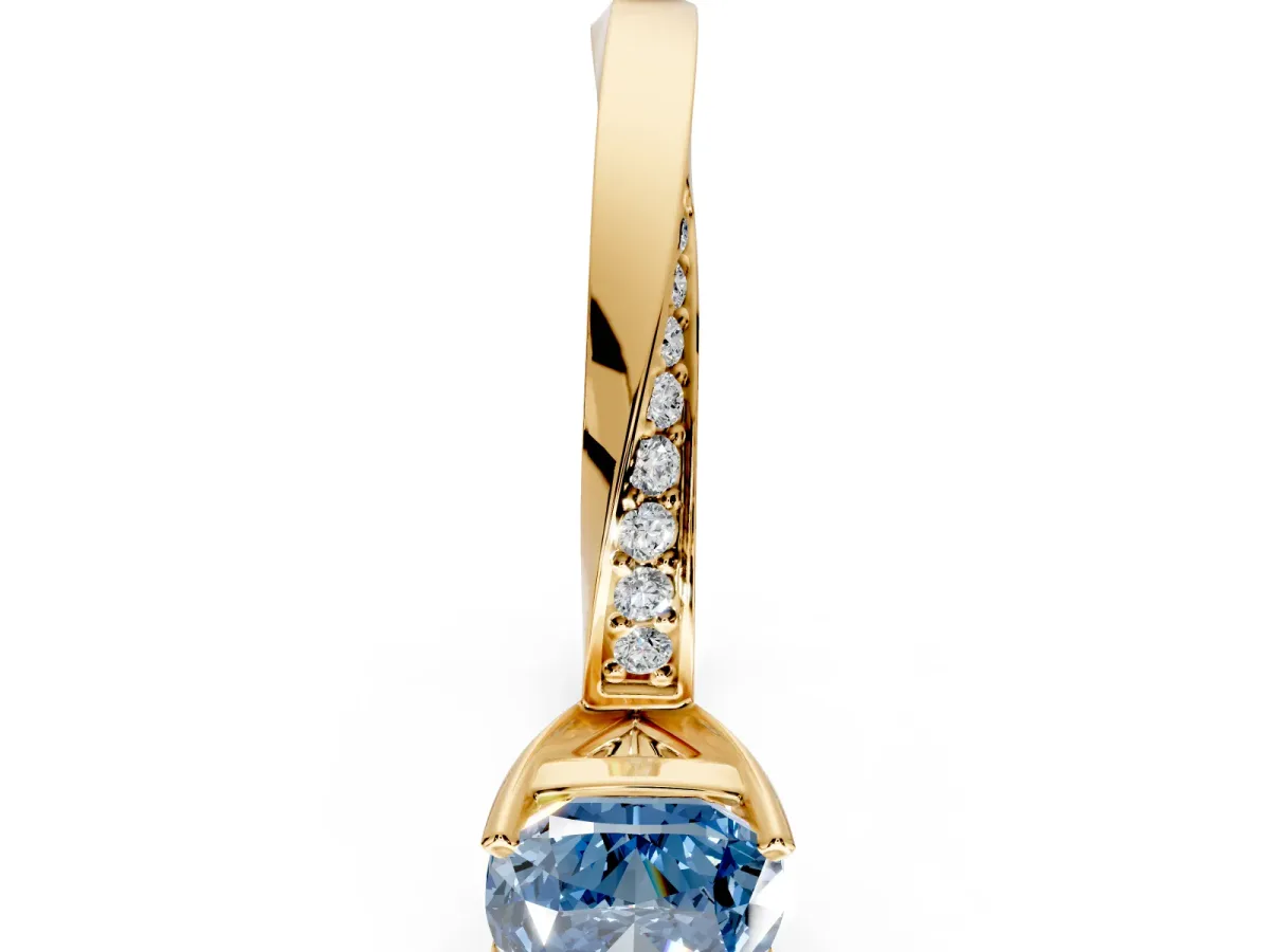 Side Accent Engagement Ring Setting for Fancy Blue Cushion Cut Center with Accent Shoulders and Prong Head in Yellow Gold