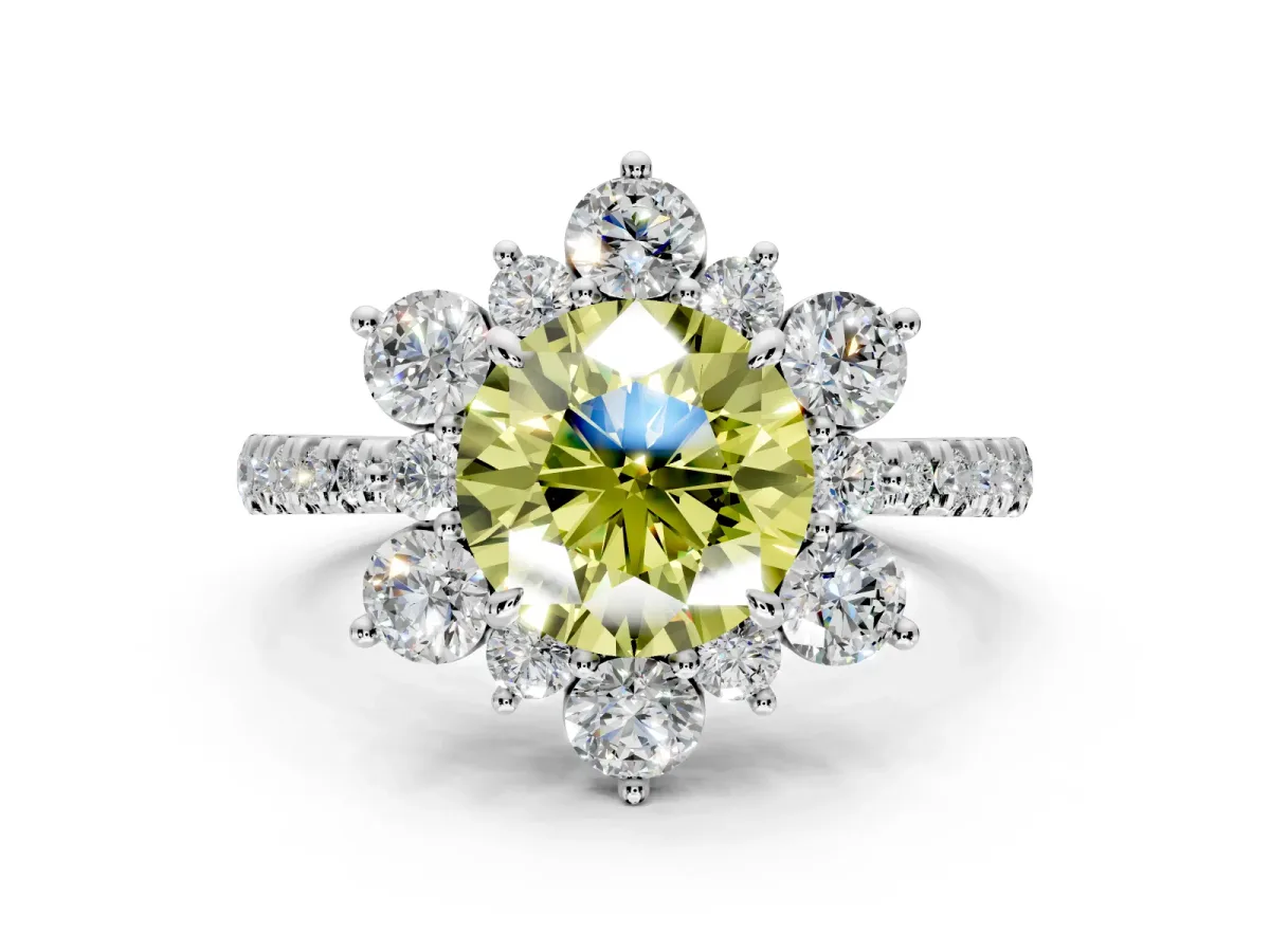 Floral Halo Engagement Ring Setting for Fancy Yellow Round Cut Center with Pave Accents and Prong Head in White Gold