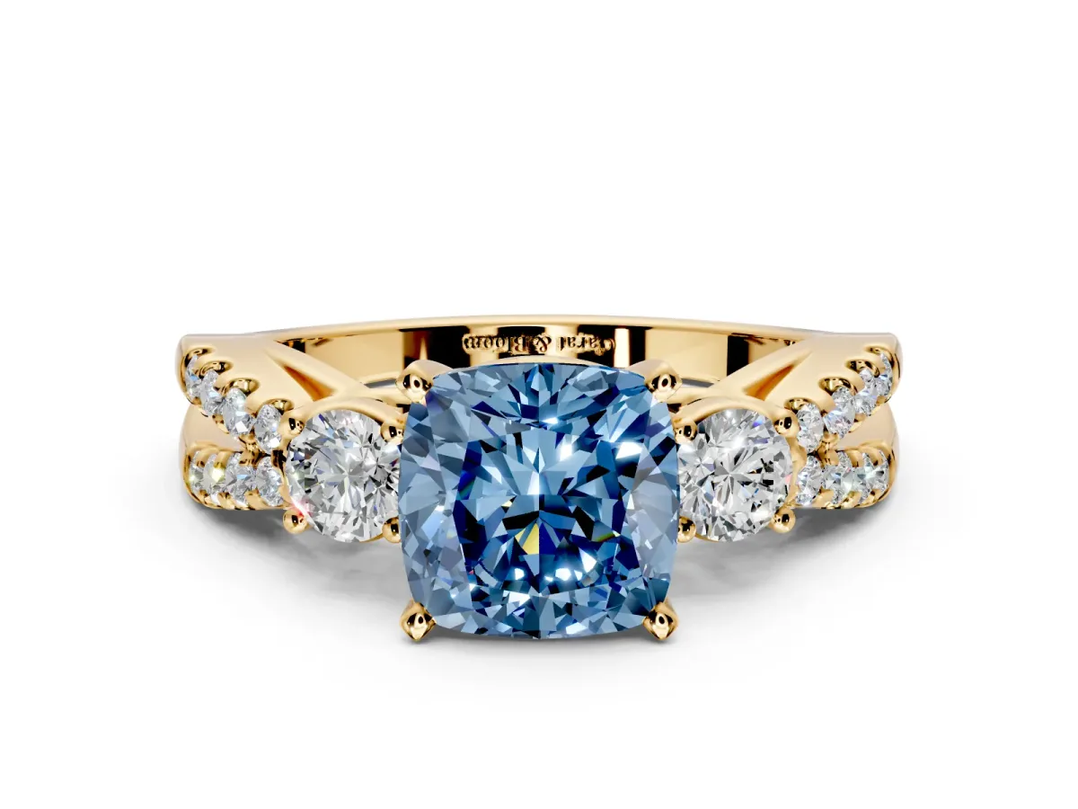 3 Stone Engagement Ring Setting for Fancy Blue Cushion Cut Center with Pave Split Shank and Prong Head in Yellow Gold