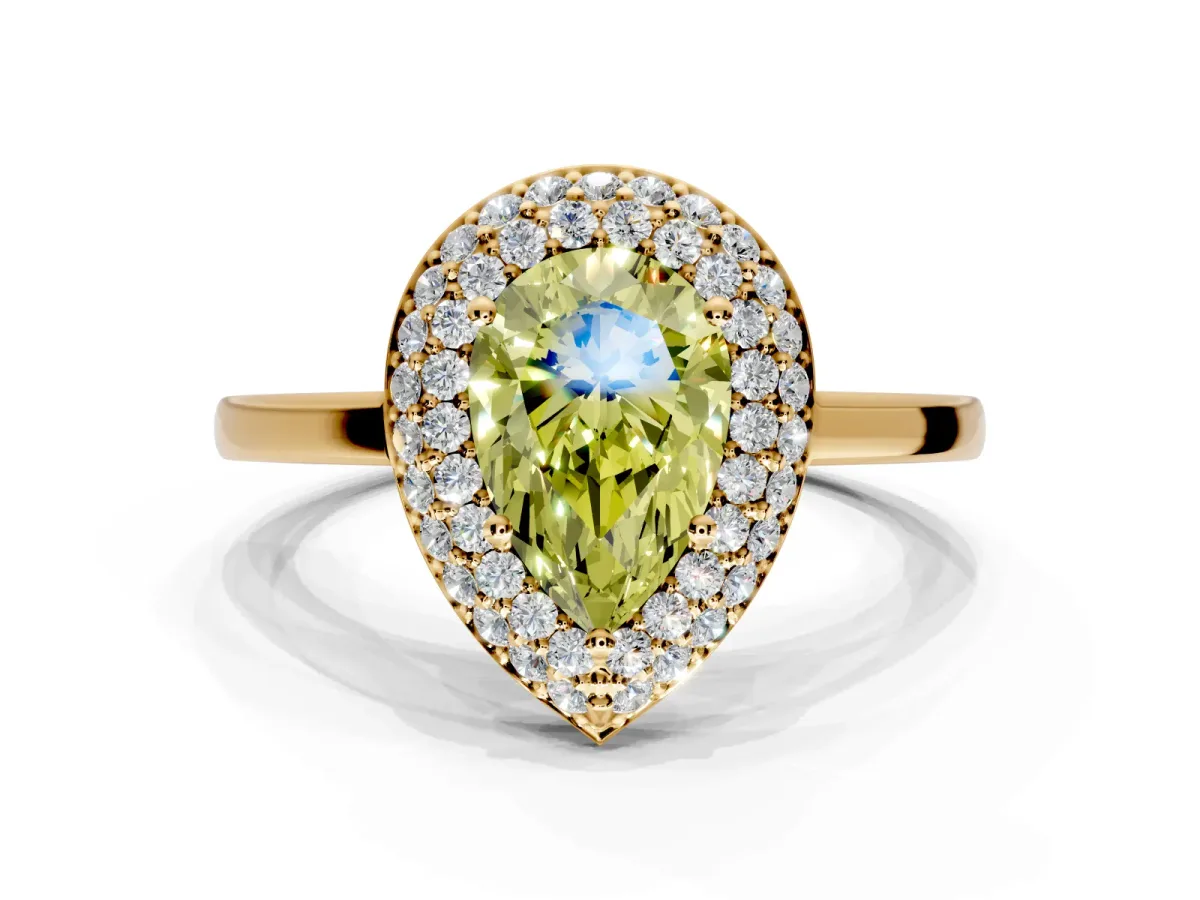 Halo Engagement Ring Setting for Fancy Yellow Pear-Shaped Center with Plain Tapered Band and Prong Head in Yellow Gold