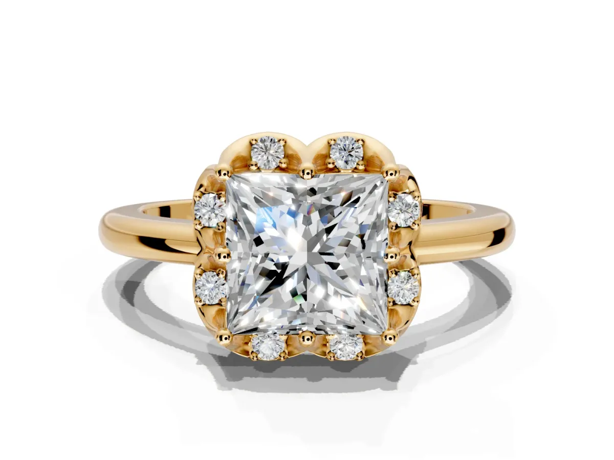 Floral Frame Engagement Ring Setting for Princess Cut Center with Accent Clusters and Prong Head in Yellow Gold