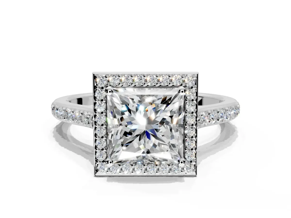 Halo Engagement Ring Setting for Princess Cut Center with Pave Accents, Heart Basket and Prong Head in White Gold