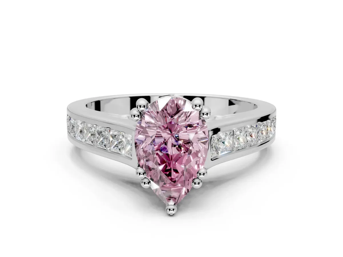 Solitaire Engagement Ring Setting for Fancy Pink Pear-Shaped Center with Channel Band and Double Claw Prong Head in Sterling Silver
