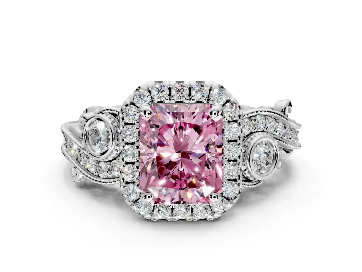 Milgrain Halo Engagement Ring Setting for Fancy Pink Radiant Cut Center with Shoulder Bezels and Prong Head in Platinum