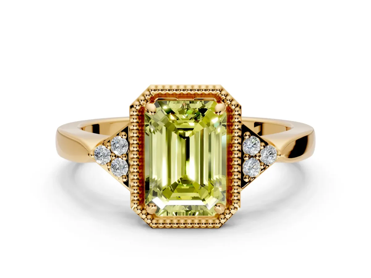 Cluster Engagement Ring Setting for Fancy Yellow Emerald Cut Center with Milgrain Shoulder Clusters and Prong Head in Yellow Gold