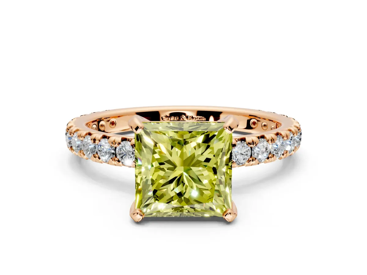 Solitaire Engagement Ring Setting for Fancy Yellow Princess Cut Center with Shared-Prong Accents and Prong Head in Rose Gold