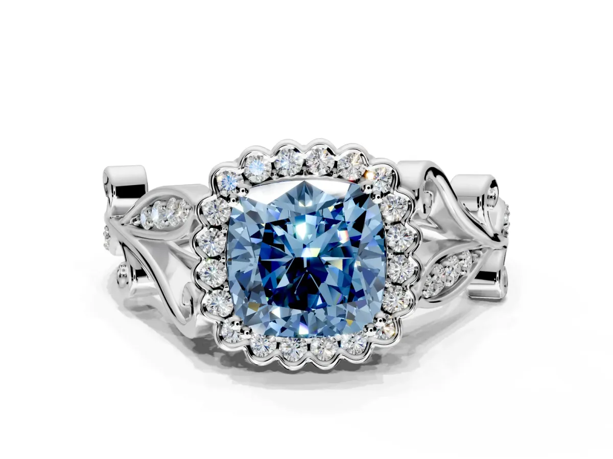 Halo Engagement Ring Setting for Fancy Blue Cushion Cut Center with Leaf Motif Split Shank and Prong Head in Sterling Silver