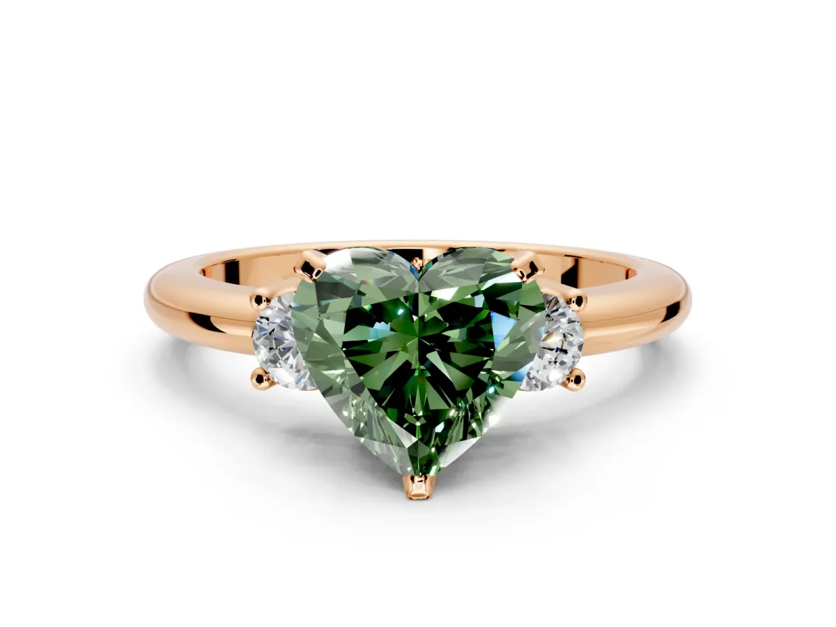 3 Stone Engagement Ring Setting for Fancy Green Heart-Shaped Center with Wide Plain Band and Prong Head in Rose Gold