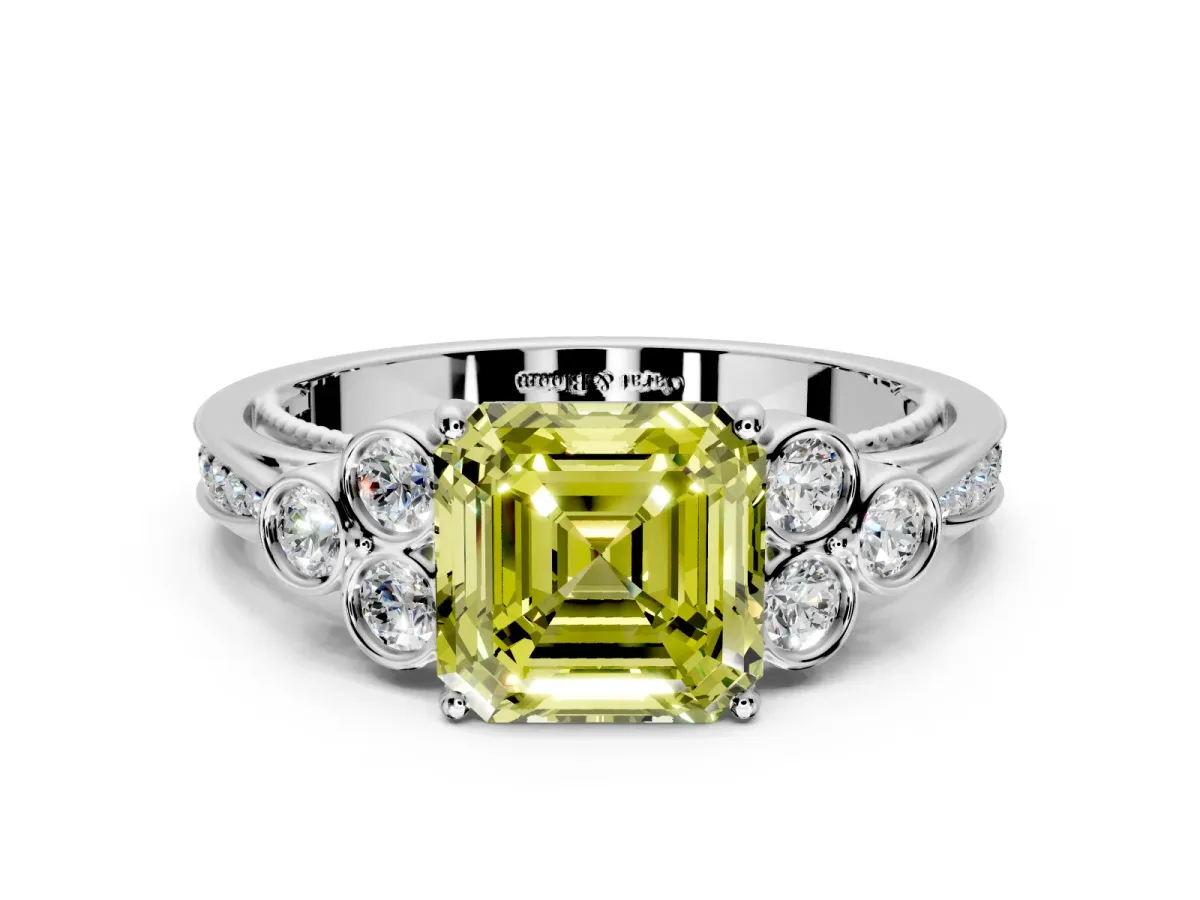 Cluster Engagement Ring Setting for Fancy Yellow Asscher Cut Center with Bezel Accent Clusters and Prong Head in White Gold