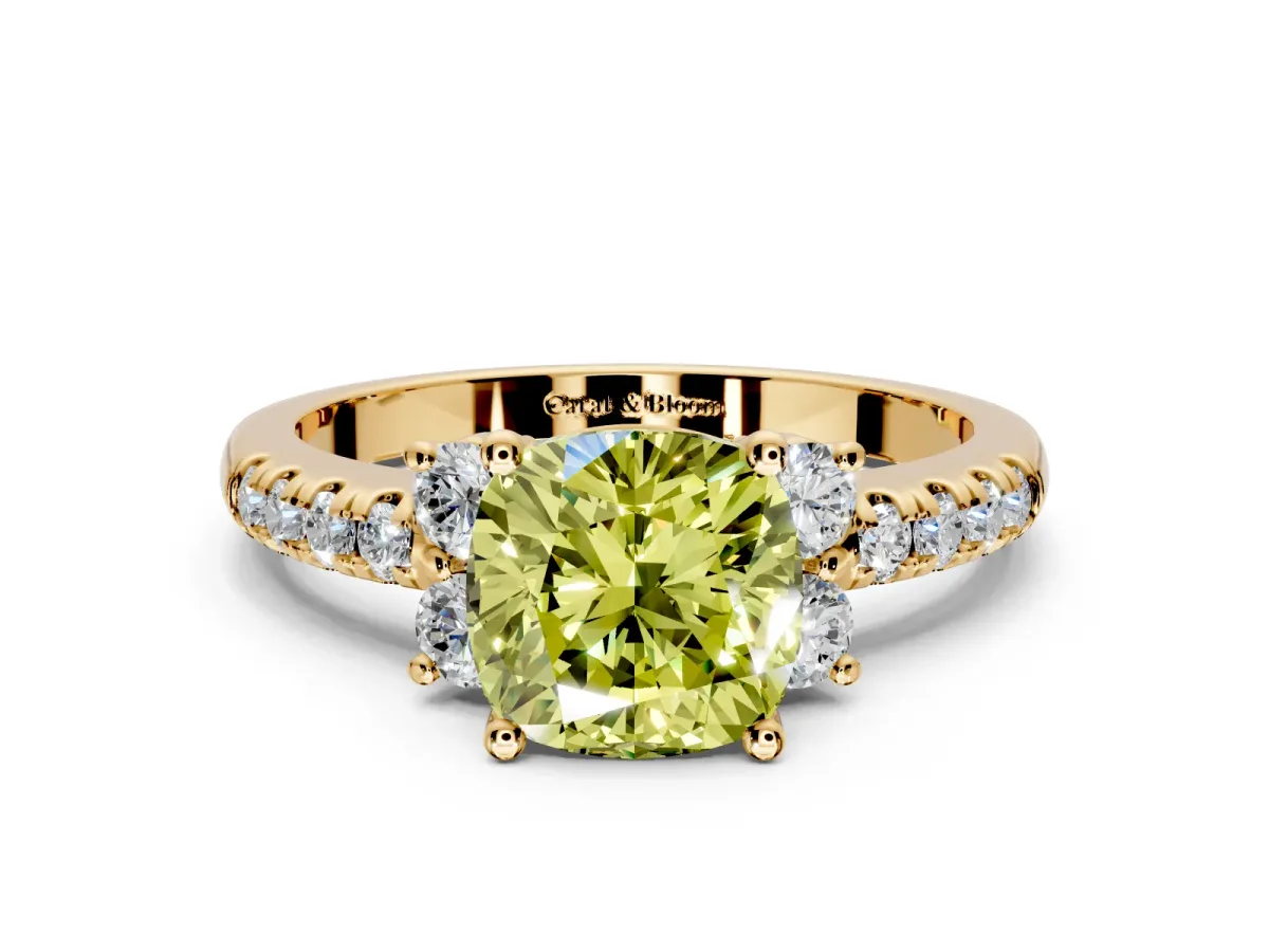 Paired Accent Engagement Ring Setting for Fancy Yellow Cushion Cut Center with Pave Band and Prong Head in Yellow Gold