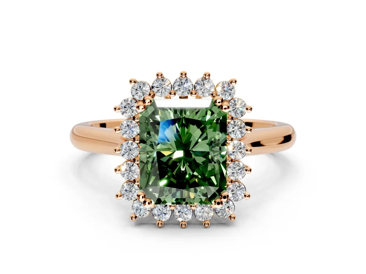 Starburst Halo Engagement Ring Setting for Fancy Green Radiant Cut Center with Thin Round-Wire Band and Prong Head in Rose Gold
