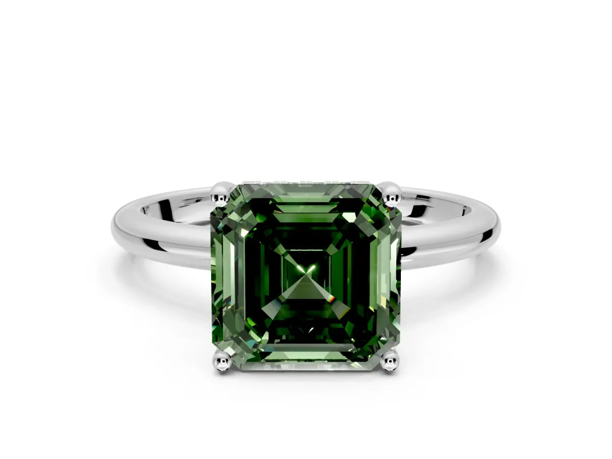 Hidden Halo Engagement Ring Setting for Fancy Green Asscher Cut Center with Thin Round-Wire Band and Prong Head in Sterling Silver