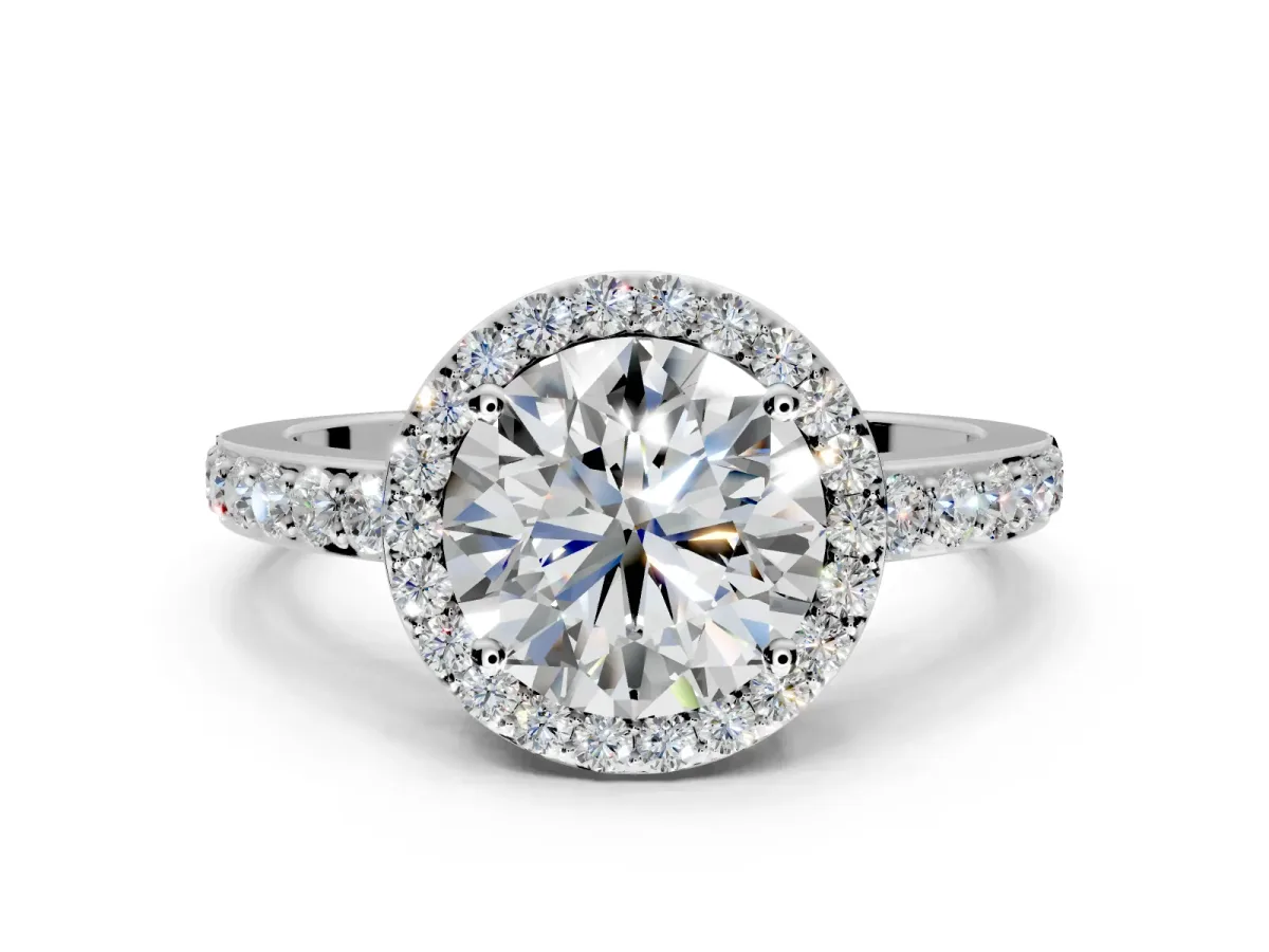 Halo Engagement Ring Setting for Round Cut Center with Heart-Shaped Openwork, Pave Band and Prong Head in Platinum